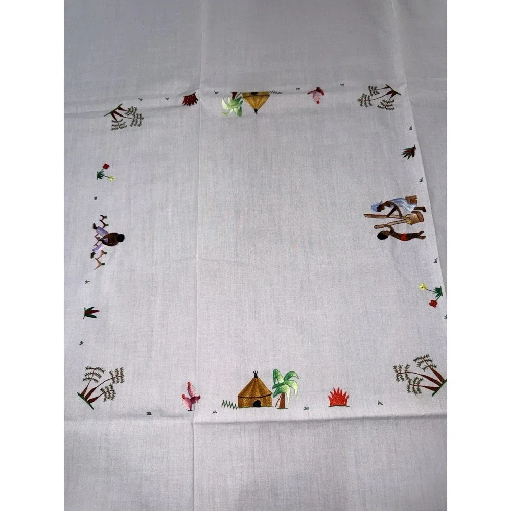 VTG Rare MCM Mid Century Modern Folk Art Cotton Tablecloth &‎ 6 Napkins Tropical